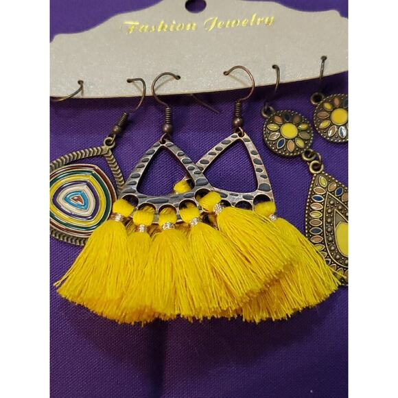 Three Pairs Dangle Earrings BOHO Western Style Yellow & Bronze Tone - Picture 3 of 11